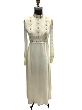 Vintage 70s Boho Prairie Hippy Style Off White Chiffon Maxi Dress S-M