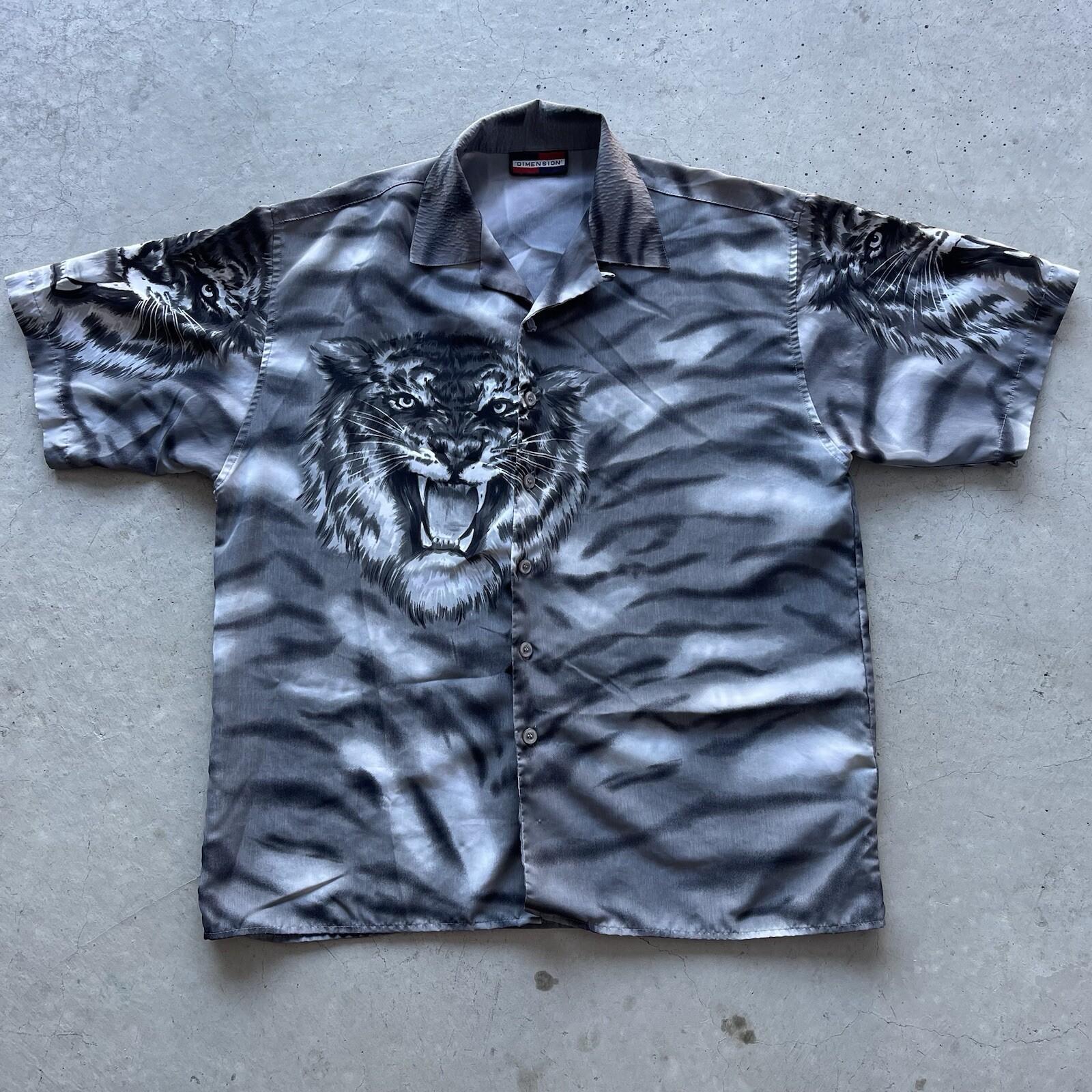 Y2K VTg Dimension Shirt Men’s XL Tiger Gray Jungle AOP Graphic Print Button Up