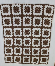 Crochet Brown And White Granny Square Lap Blanket Throw Handmade  40" x 48"