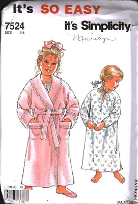 7524 Vintage Simplicity Sewing Pattern Girls 1990s Robe Nightgown Sleep UNCUT