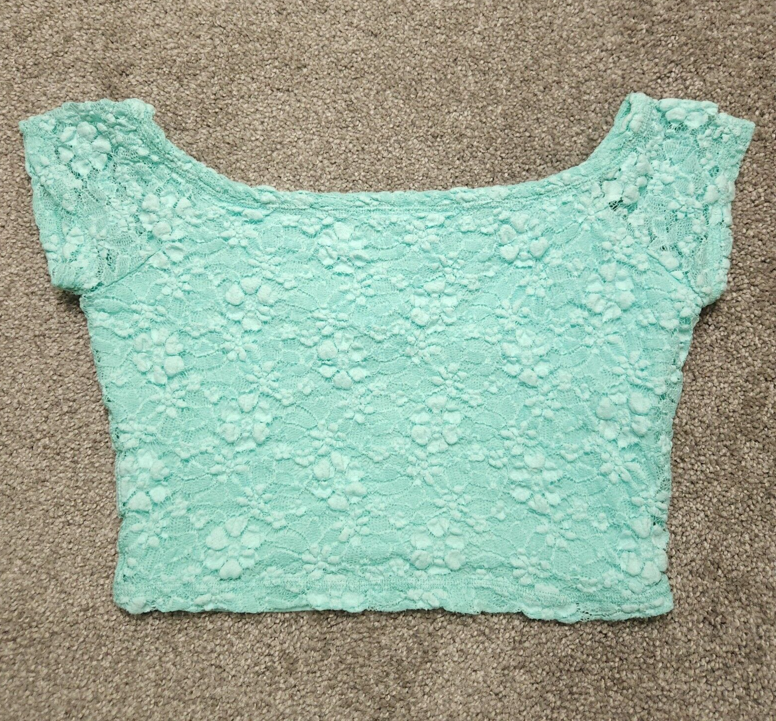 HOLLISTER Crop Top Womens Large Teal Green Lace Flower Sheer Lined-image
