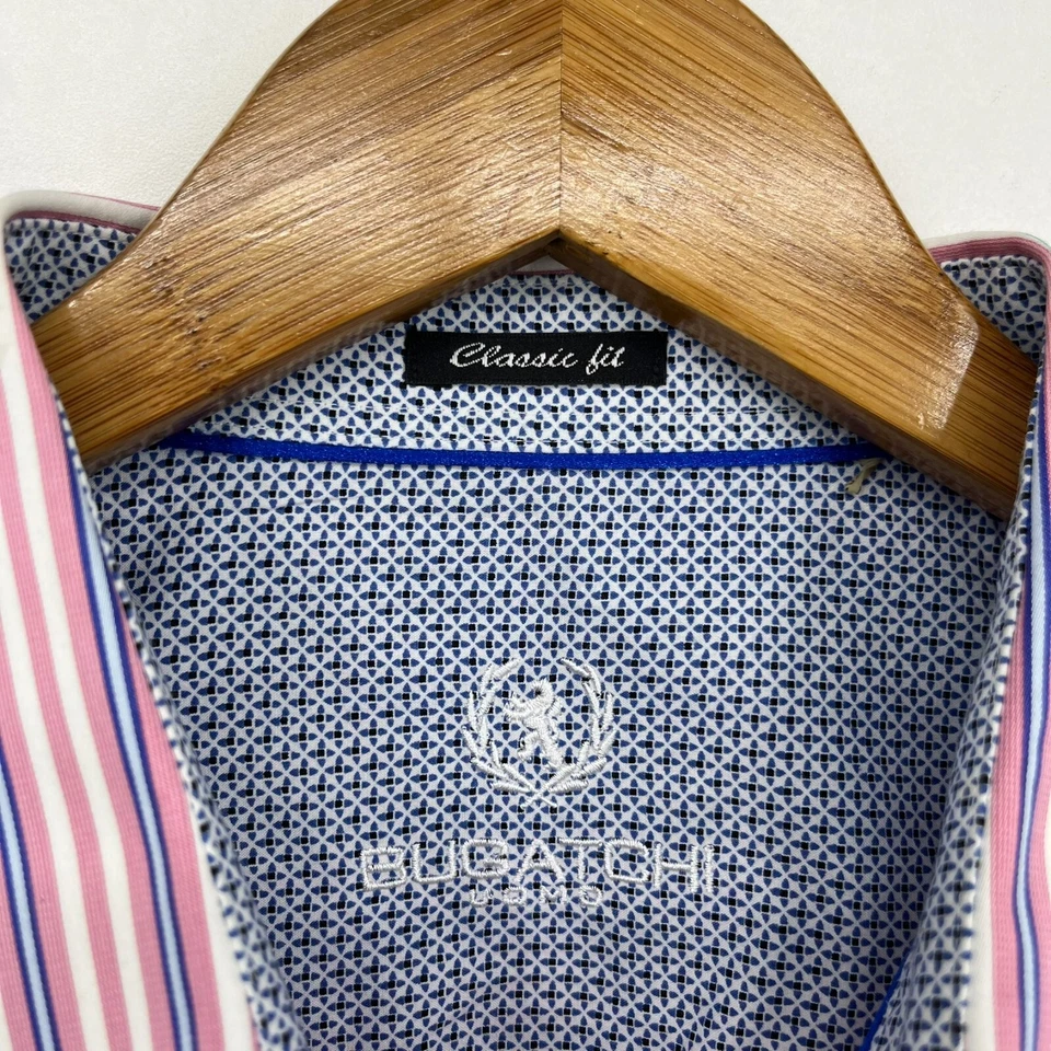 Bugatchi Long Sleeve Button Shirt Men's XL Pink Classic Fit Striped Flip Cuffs - Image 4 of 4