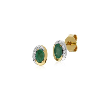 Klassisch Oval Smaragd & Diamant Ohrstecker Ohrringe Zweifarbig 9ct Gelbgold