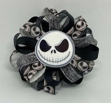 Girls Hair Bow 3 1/2" Wide Flower Jack Skellington Ribbon Ponytail Holder