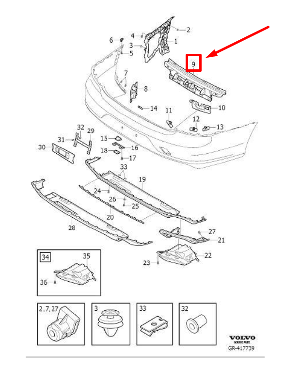Volvo S90 Mk2 Rear Bumper Cover Support Rail 31449159 Genuine for  