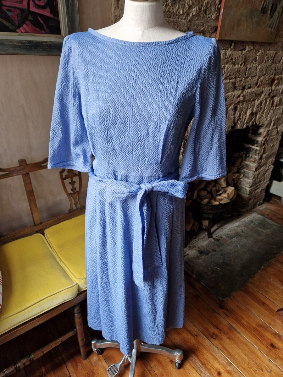 goat blue dress Cornflower Seersucker Fifties Style Fit Flare Size 14 Cowl Neck