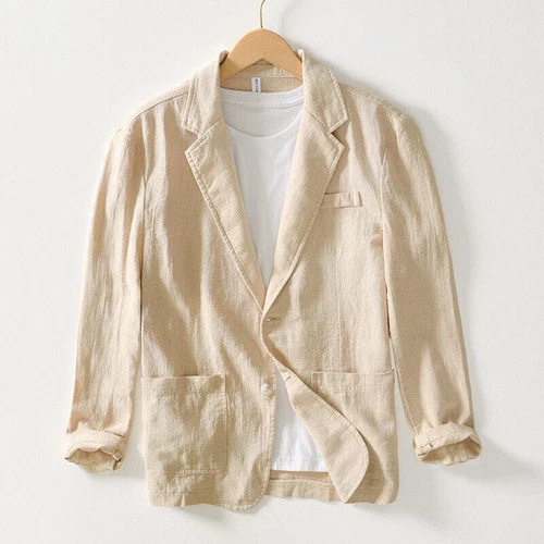 Mens Business Casual Suit Cotton Linen Coat Two Button Jacket Spring Summer - Picture 9 of 25