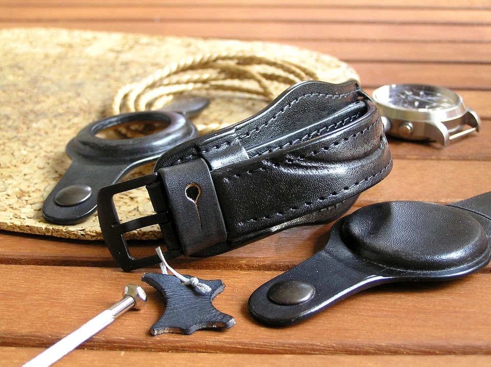 Correa de reloj de cuero 22 mm negra correa brazalete pulsera dos cubiertas Foto 3 de 4