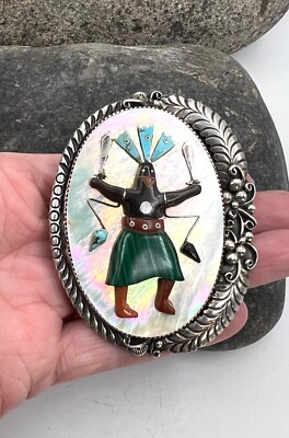 Signed Zuni Apache Mountain Dancer Kachina Sterling Multi Stone Bolo Tie Slide