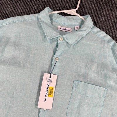 Caribbean Linen Shirt Mens 3XT Tall Blue Short Sleeve Button Up Wedding Beach