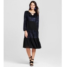 Knox Rose Black Navy Blue Velvet Burnout Whimsigoth Tiered Dress Womens Medium