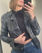 Y2k Vintage Muubaa Dark Petrol Tie-dye Leather Biker Jacket Size 10