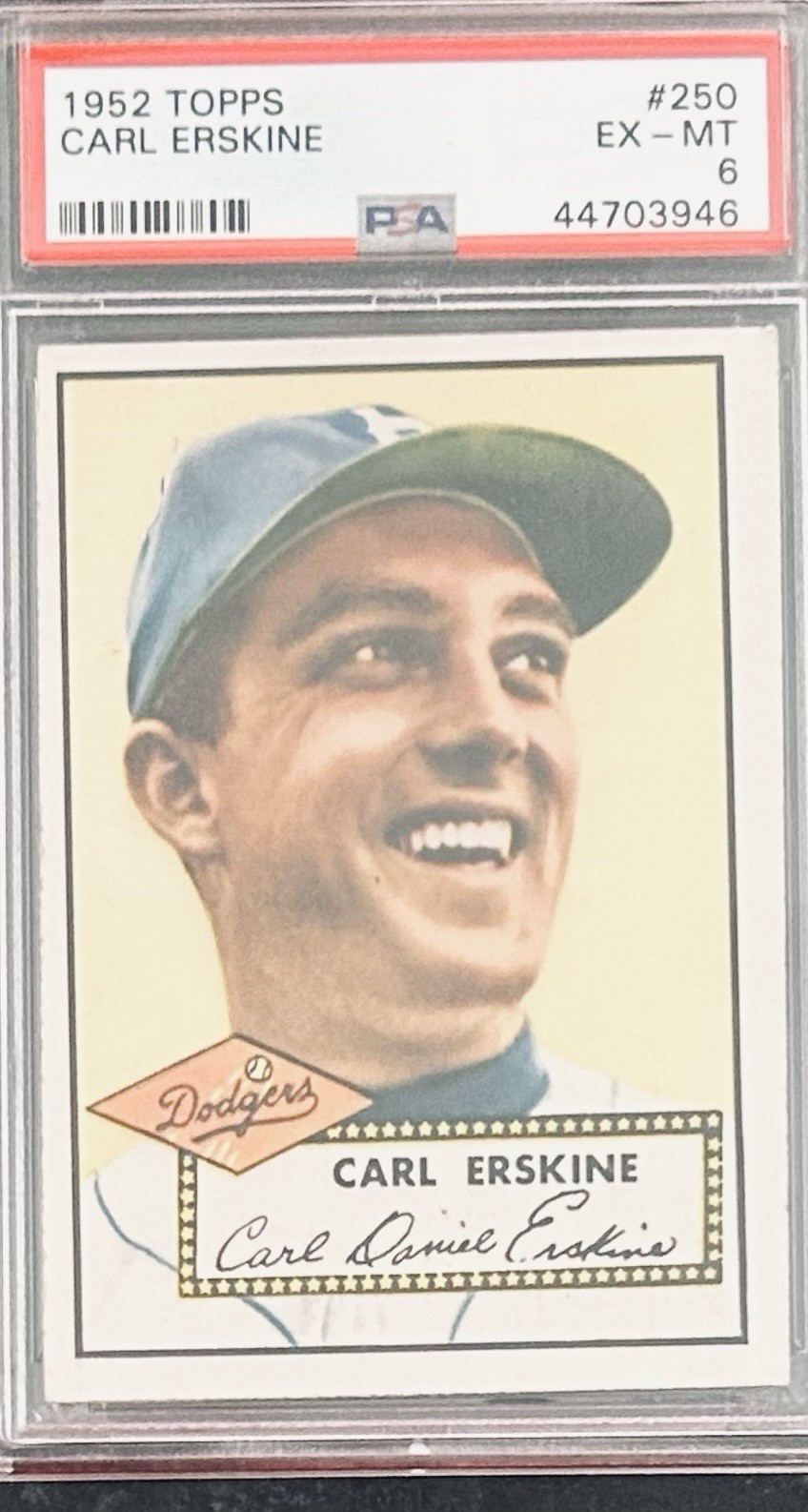 1952 Topps #250 Carl Erskine PSA EX-MT 6 Brooklyn Dodgers -Nice