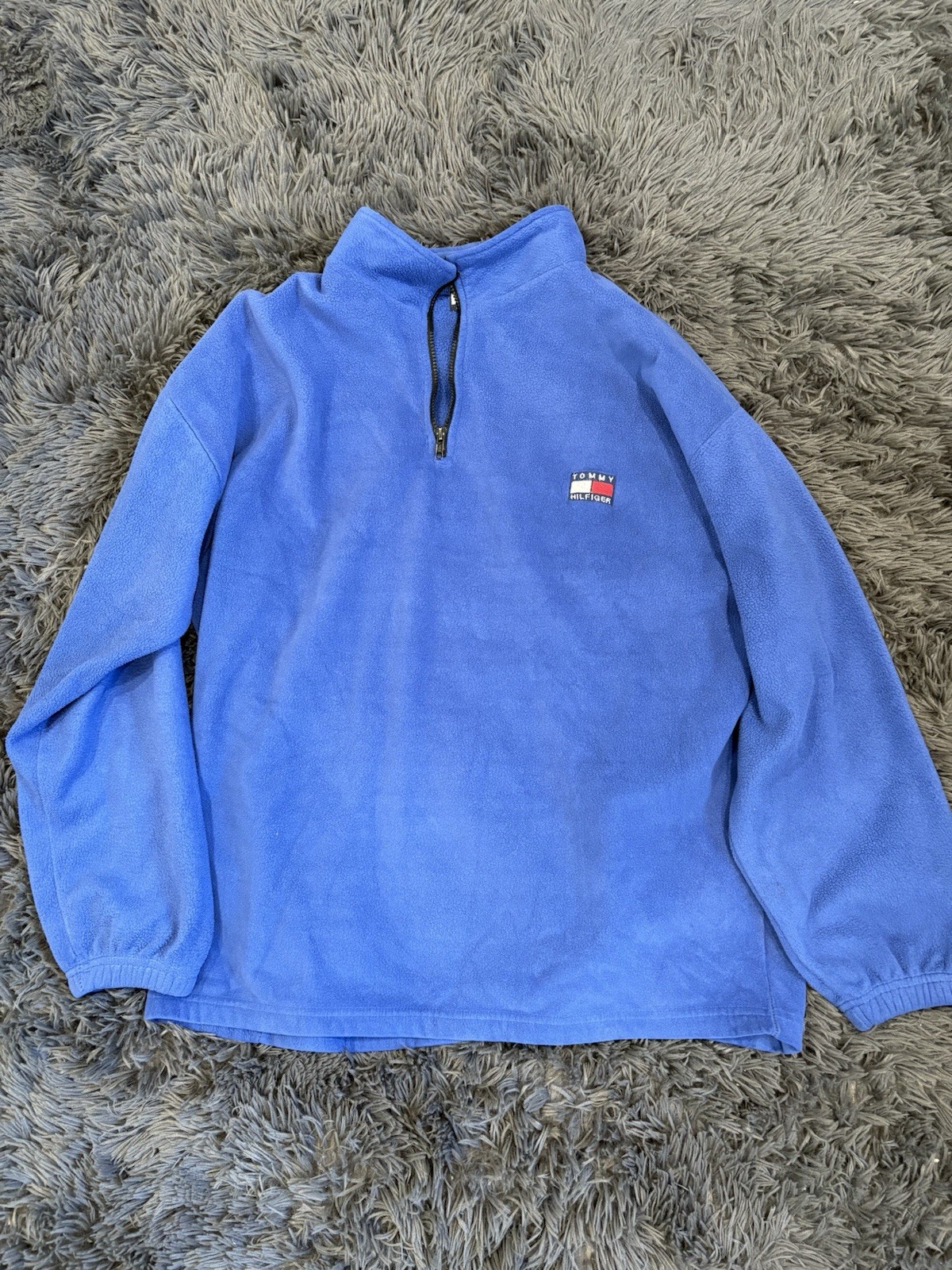Vintage 90s Tommy Hilfiger Pullover Mens Large Blue Fleece 1/4 Quarter Zip
