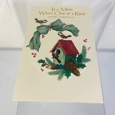 Vintage American Greetings Christmas Card For Mom Glitter Birdhouse Mistletoe