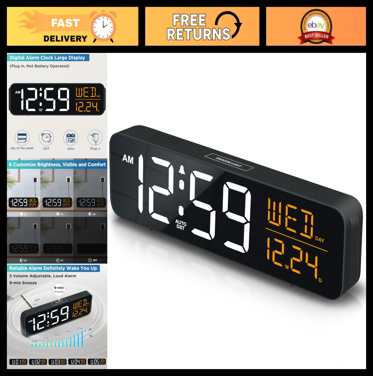Large Display Digital Alarm Clock Dimmable, Date & Day of Week, Plug In, Auto