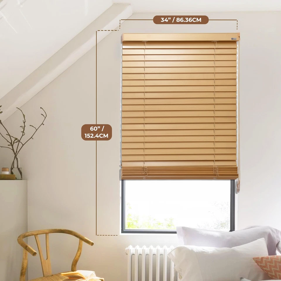 Persianas venecianas de madera de álamo natural, 34" de ancho x 60" de largo x 7 de profundidad, ajuste personalizado horizontal... Foto 2 de 4