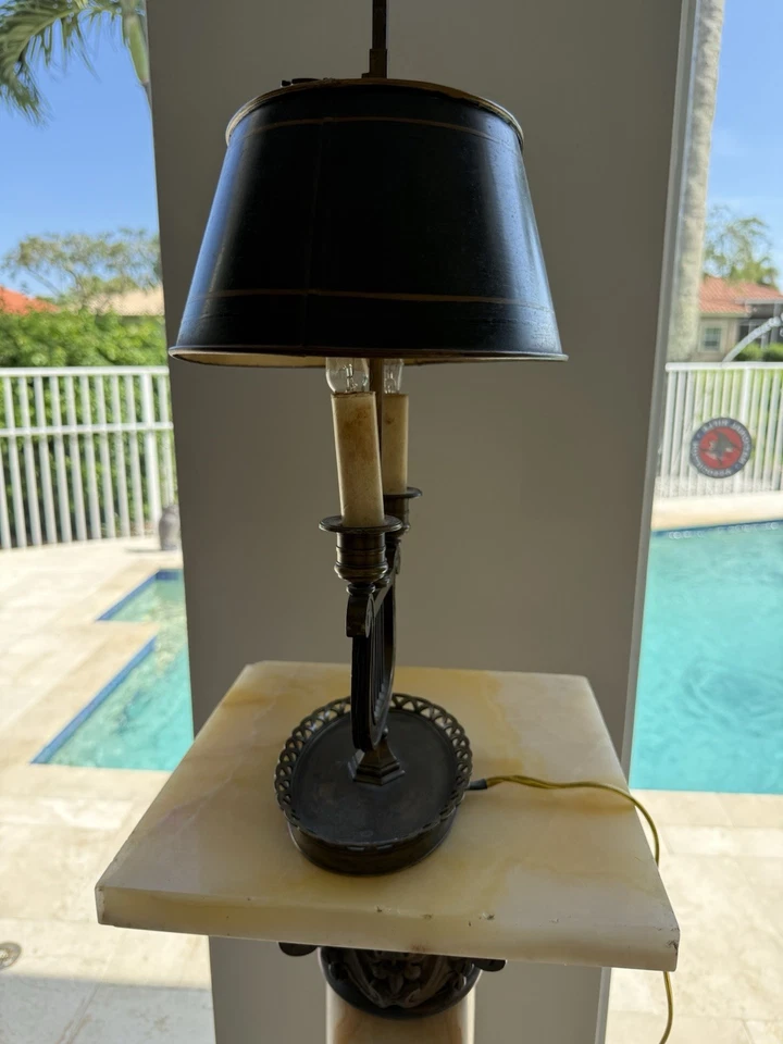 Antique French Empire Ormolu Bouillotte￼ Harp Lamp With Tole Shade ￼ - Image 2 of 4