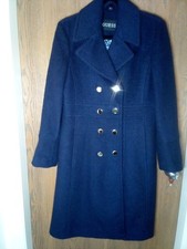 Guess Navy Blue Double Breasted Wool Blend Walker Coat Sz L Floral Lined