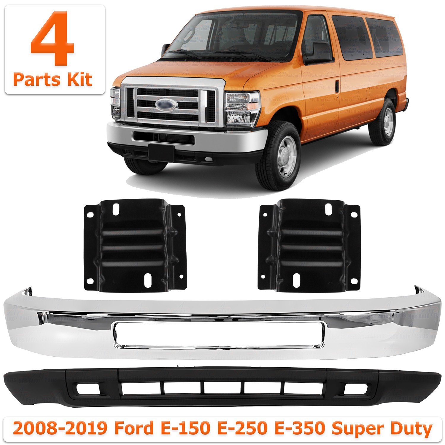 Front Bumper Chrome & Brackets Kit For 2008-19 Ford E-150 E-250 E-350