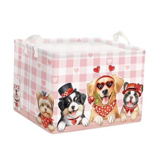 36L Valentine's Day Heart Dog Gift Basket Pink Checkered Red Love Flower