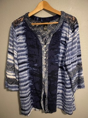 Ali Miles Tunic Womens Large Blue White Tie Dye Lace Trim 3/4 Sleeve Artsy
