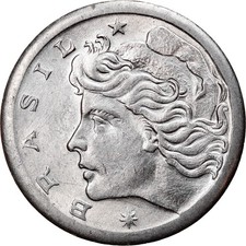 [#840212] Coin, Brazil, 5 Centavos, 1975, error broadstruck, AU(55-58), Stainles