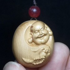 1.2 Inch Chinese boxwood carved Happy Maitreya Buddha Statue Amulet netsuke Gift