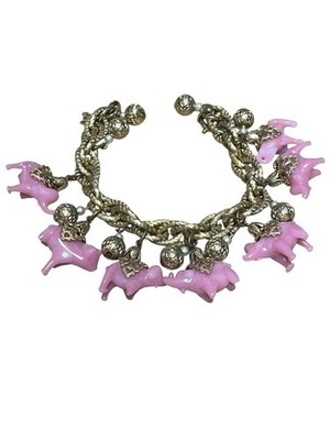 1960s Napier G-P LInk Bracelet w Pink Glass Elephant Charms