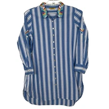 Global Desi Striped Floral Embroidered Cotton Button Down Tunic Top M Boho