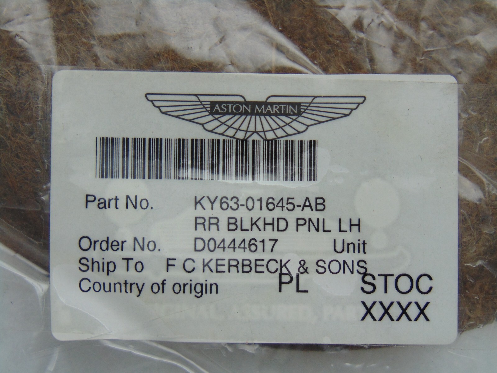 Aston Martin Rear Left Bulkhead Access Carpet Panel 2019 OEM # KY63-01645-AB