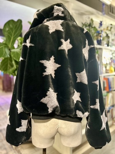 Blanc Noir Faux-Fur Reversible Star Hoodie Bomber Black Jacket Sz XL Real Real - Picture 3 of 14