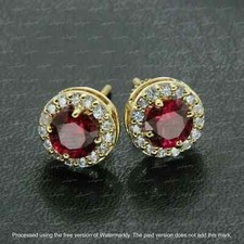 3 Ct Round Lab-Created Red Ruby Women's Halo Stud Earring 14K Yellow Gold Plated