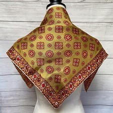Vintage Silk Square Scarf 26" Green Red Medallions Rolled Edges