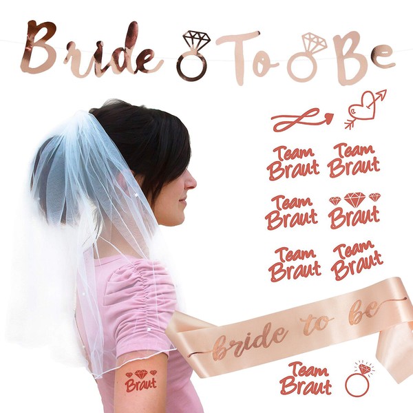 Jga Hochzeit Accessoire Set - Bride To Be SchäRpe Girlande Brautschleier Tattoos-image