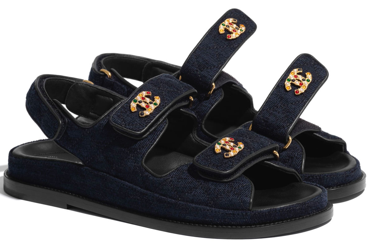Chanel 21A Blue Velvet Denim CC Logo Mule Slide Strap Flat Teva