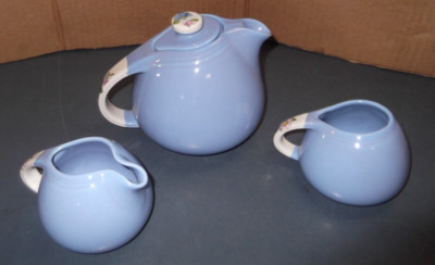 HALL SUPERIOR POTTERY ROSE PARADE BLUE TEAPOT WITH MATCHING CREAMER & SUGAR 1259