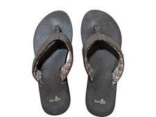 Sanuk Yoga Zen Black  Brown Print Lining Yoga Mat Flip Flops Women's Sandals 6