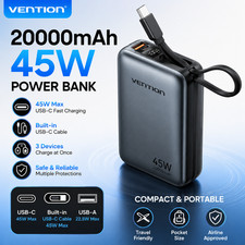 20000mAh 45W Power Bank USB-C Fast Charger Built-In Cable 4.1in/10.3cm Vention