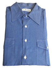 VTG 80s Mens L Button Up Dress Shirt Ascot Chang Blue White Striped Custom Made