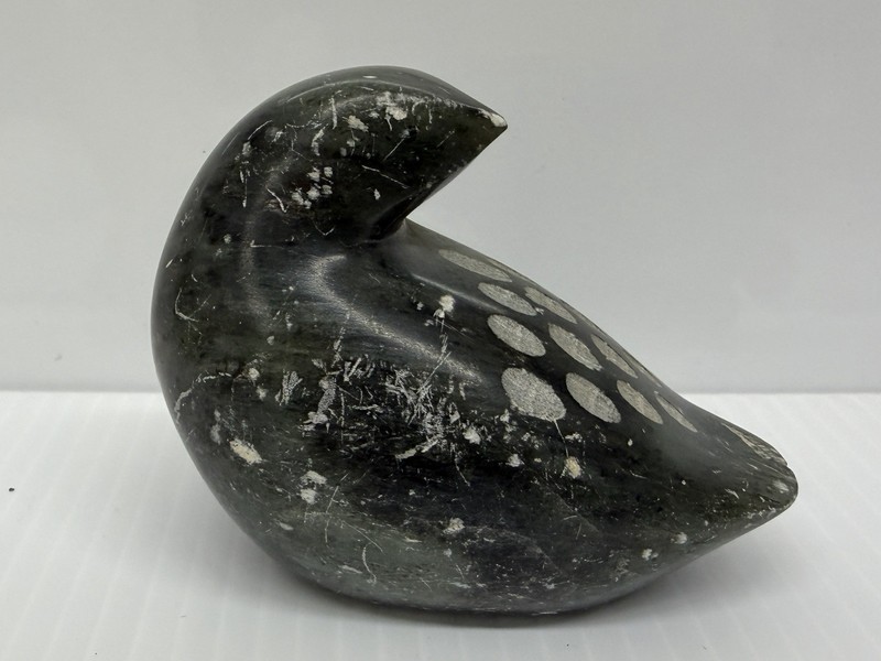 Antique Early Inuit Soapstone Carving Bird Canada Signed Markings On Bottom