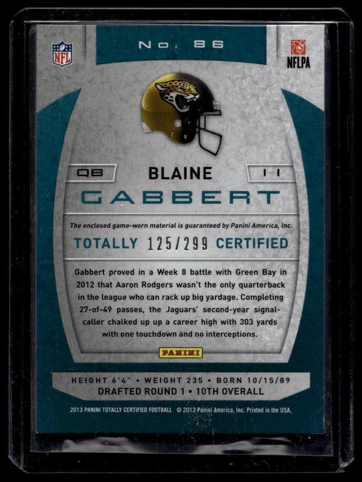2013 Panini Totally Certified Blaine Gabbert #86 Totally Red Materials 125/299 - Image 2 of 2