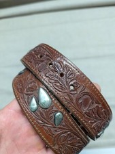 vintage TOOLED buckle belt ACORNS metal inlay 26 brown WESTERN cowhide leather