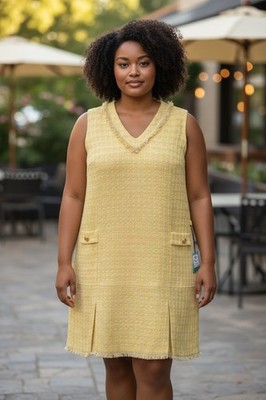MING WANG Women Tweed Fringe Trim Drop Waist Shift Dress In Pale Marigold/limest