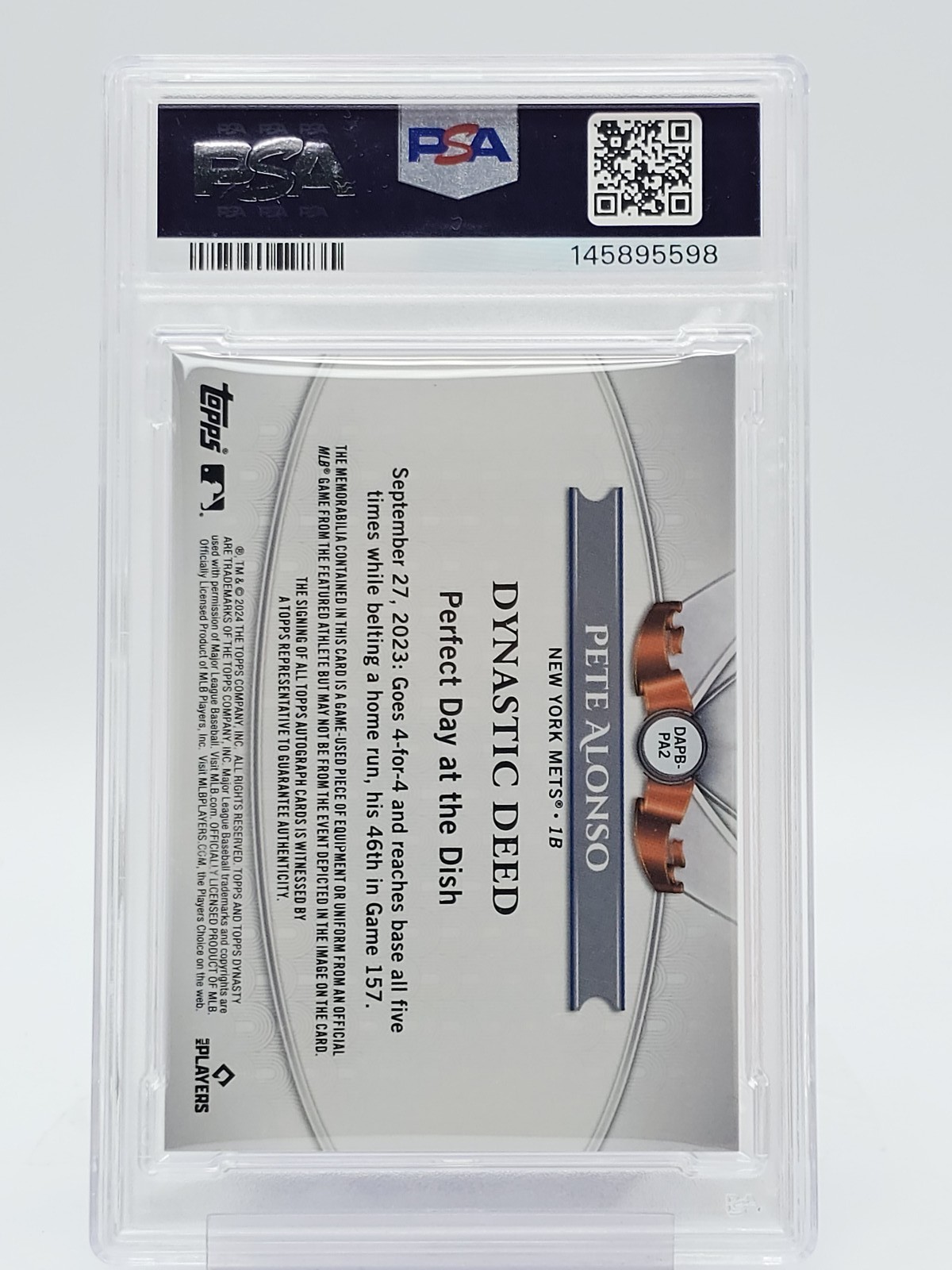 PETE ALONSO 2024 TOPPS DYNASTY SILVER GAME USED PATCH  /5 METS PSA 10 Q3855 view 2