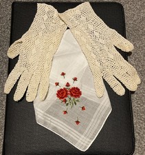 Antique Hand Crocheted Ivory-colored Sz Small Ladies Gloves  White Handkerchief