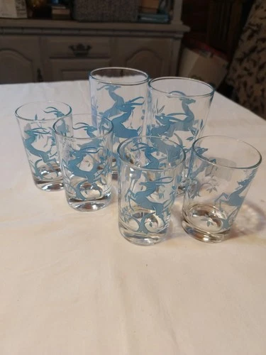 Federal Glass Vintage Tumblers Blue Gazelle Or Antelope Design Set Of Six