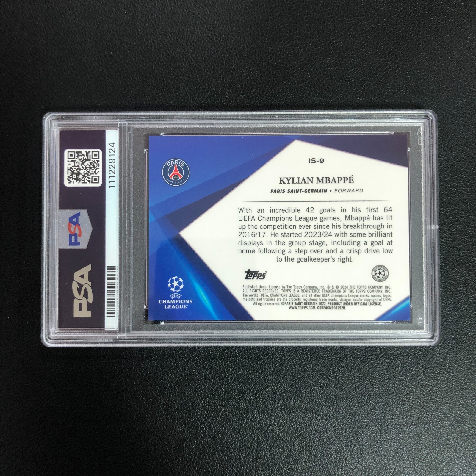 2024 Topps Chrome Sapphire UEFA Euro infinite Sapphire SSP Kylian Mbappe PSA 10 view 2