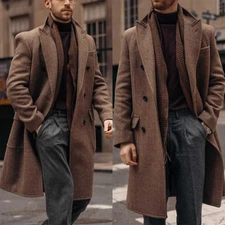 Autumn Winter Long Thick Woolen Coat Double Breasted Peak Collar Casual Overcoat