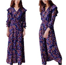 Atelier Reve Irlea Maxi Dress Blue Floral Ruffle V-Neck Size 10 Long Sleeve NWT